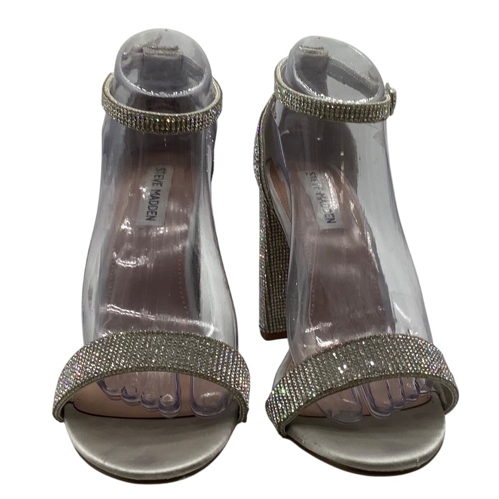 Steve Madden Carrson-R Silver Rhinestone Block Heel Sandals Ankle Strap Womens